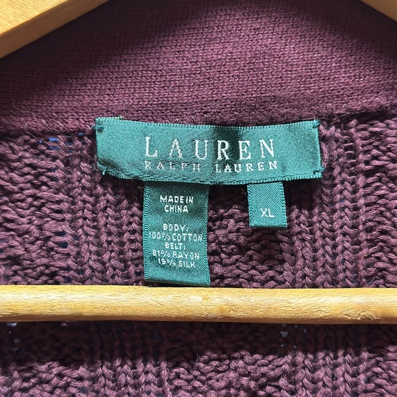 Ralph Lauren Maroon Cable Knit Sweater Cardigan Velvet Belt Large Bell Sleeve - Picture 2 of 8